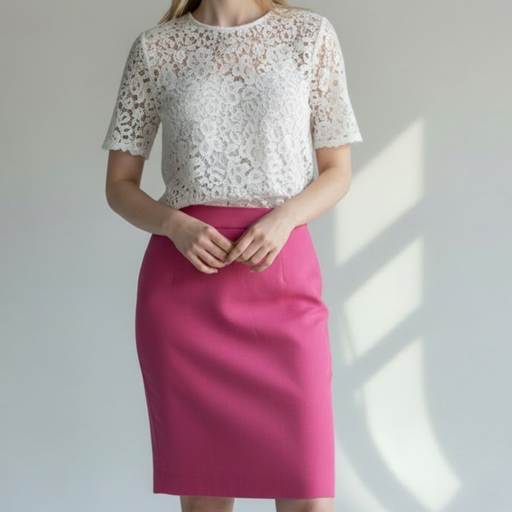 Talbots Women Petite 14P Dark Pink Lined Pencil Skirt Zip SILK Soft Girl Barbie
